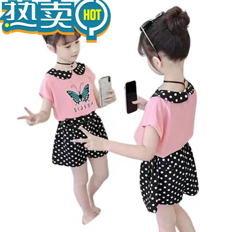 绿彩虹光女;童套装夏装2022新款韩版儿童童装女孩洋气短袖时髦两件套短.