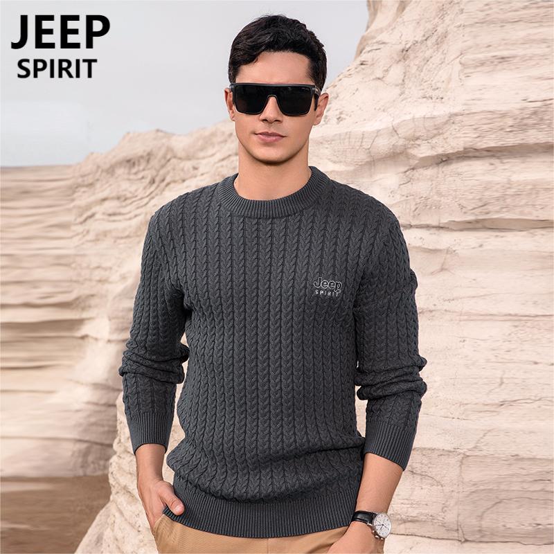 JEEP SPIRIT吉普冬季加厚保暖圆领套头毛衣男2023年新款时尚潮流宽松弹力毛衫高清大图