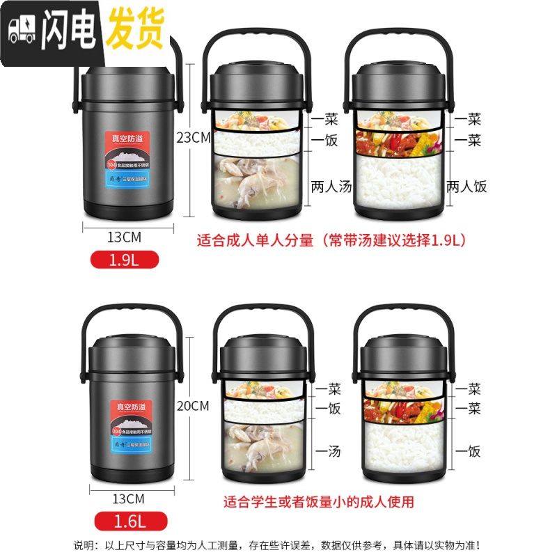 三维工匠304不锈钢真空保温饭盒超长保温桶12小时大容量上班族手提便携1人 1.9炫酷黑保温饭盒+保温袋+餐具套装