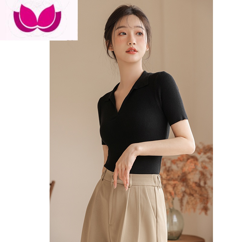 七斓polo领短袖T恤女2023v领设计感小众白色针织衫上衣修身打底衫