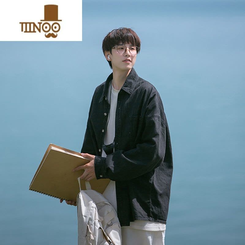 YANXU蓝色牛仔衬衫男生ins港风潮牌感工装长袖衬衣vintage秋季外套图片