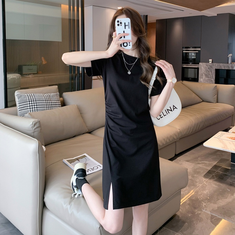 [1.5折价54元]唐狮夏季连衣裙女针织短袖T恤裙小众裙褶皱设计流行