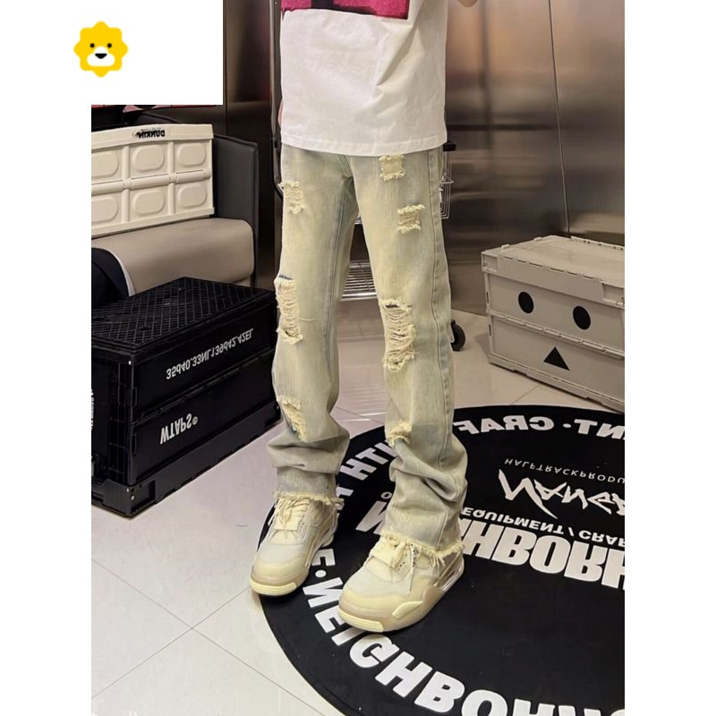 basket美式高街vibe百搭直筒牛仔裤显高显瘦欧美水洗黄泥破洞毛边长裤