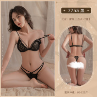 霏慕女式情趣睡衣露肩长袖透视包臀连衣裙蕾丝三点式套装性感情趣内衣午夜魅力制服调床上战袍6731 7755 7755黑蕾丝三点式+T裤 均码
