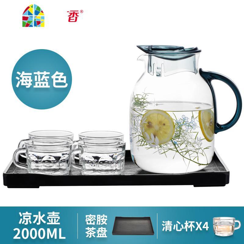 耐热高温冷水壶玻璃果汁壶大容量凉白开水壶家用凉水壶套装 FENGHOU 2000ML蓝