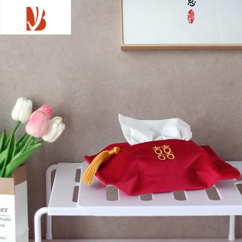 三维工匠ins喜字刺绣纸巾盒 布艺丝绒纸巾袋 婚礼婚房抽纸袋装饰 S款(喜)字-正红色图片