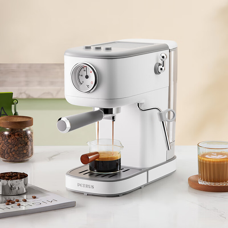柏翠咖啡机蒸汽量强劲小巧不占地可视水温表轻松上手白色PE3366A高清大图