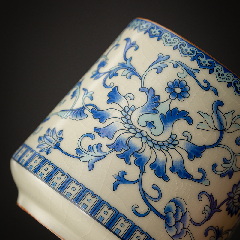 金镶玉仿宋汝窑茶杯 陶瓷带过滤茶水杯马克杯办公家用泡茶具 缠枝莲青花高清大图