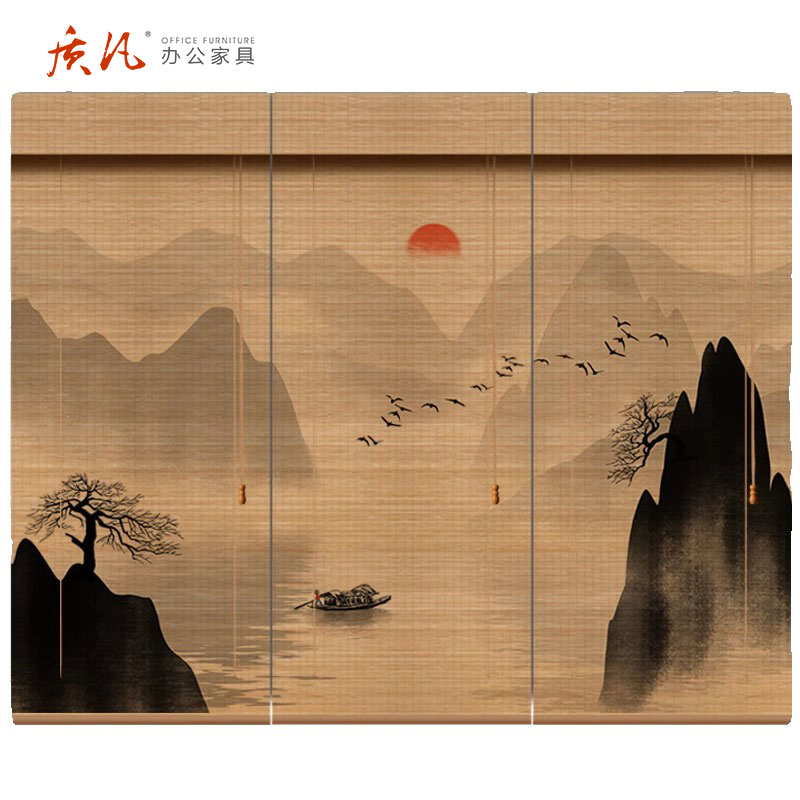 质凡新中式免打孔竹帘禅意山水印花卷帘茶室遮阳遮光防水隔断装饰窗帘 宽3*高2.5米高清大图