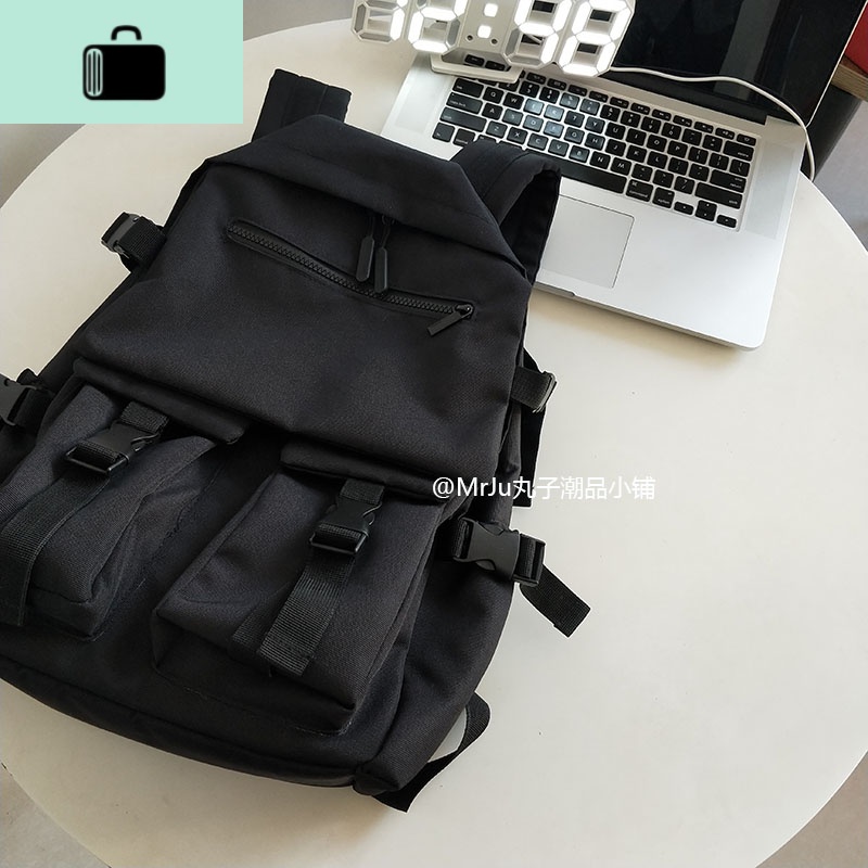 工装书包女韩版高中双肩包男大容量酷潮牌ins书包韩版原宿ulzzangNEW LAKE 黑色款式一