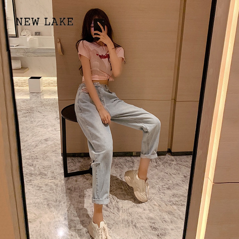 NEW LAKE韩版chic破洞浅色牛仔裤女夏季2024年新款显瘦宽松直筒阔腿老爹裤