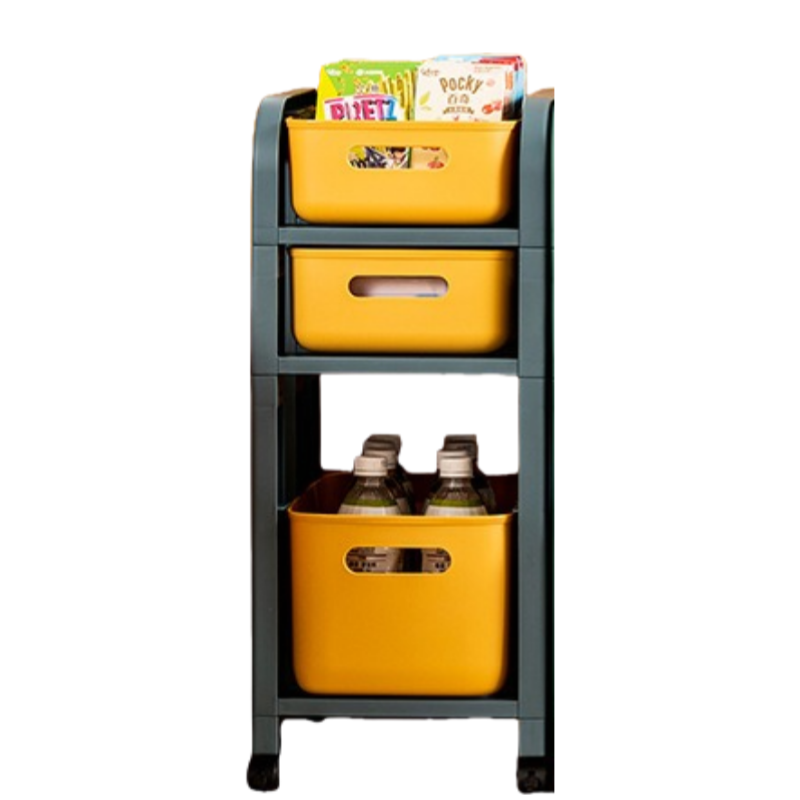 华普思多层置物架桌面资料整理柜家用客厅零食杂物收纳架宿舍桌下储物架蓝黄撞色914三层一高两矮款(带轮子)