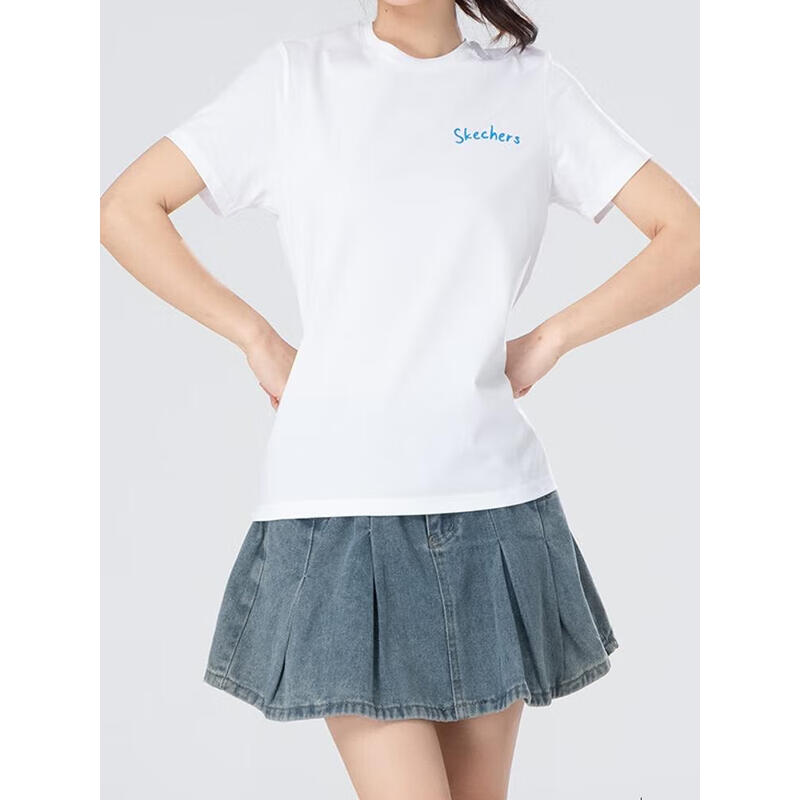 斯凯奇(Skechers) 夏季新款针织休闲运动上衣圆领潮流透气显瘦百搭T恤 P225W303-0019 白色 XXL