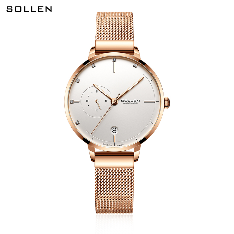梭伦(SOLLEN)手表女ins风新款简约时尚防水潮自动机械表女士手表女表腕表 SL-416高清大图