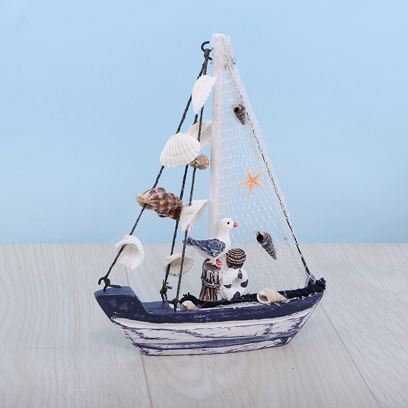 地中海帆船模型摆件实木做旧工艺船蓝白贝壳船家居装饰品礼品