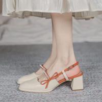 鞋子女2021年新款夏季蝴蝶结珍珠方头高跟鞋玛丽珍粗跟凉鞋女单鞋 橘色 40