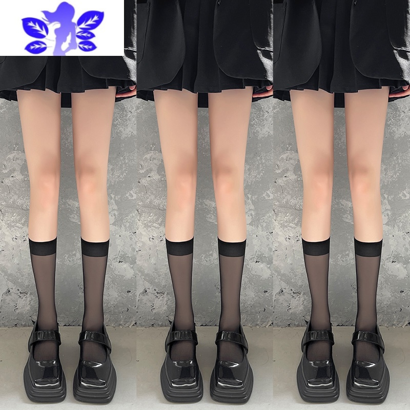 Ideamini小腿袜女白色丝袜半截夏季薄款过膝春秋中筒半腿黑丝长筒jk黑色袜子