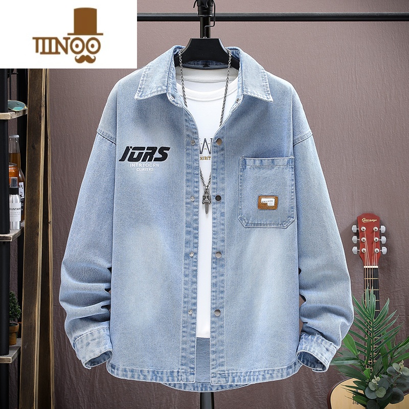 YANXU牛仔衬衫男长袖宽松潮牌上衣服休闲痞帅青少年翻领夹克外套高清大图
