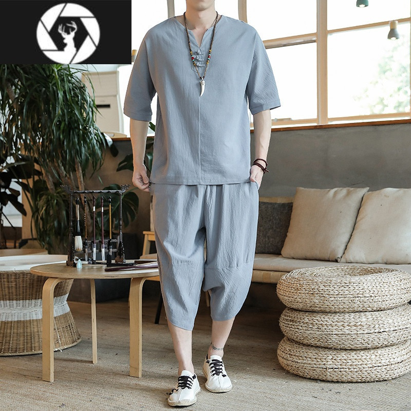 hongzun中国风男装亚麻套装夏季男士短袖t恤休闲沙滩夏装棉麻v领潮牌