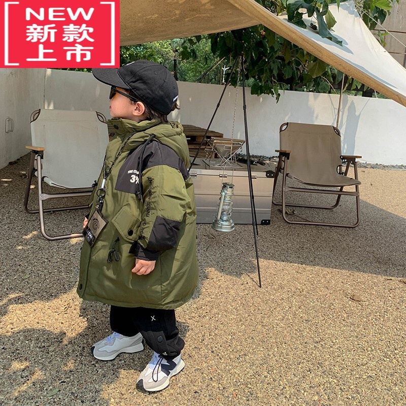 可莉允小小郑儿童冬装外套帅气工装风宝宝棉袄过膝中长款军绿色男童棉服