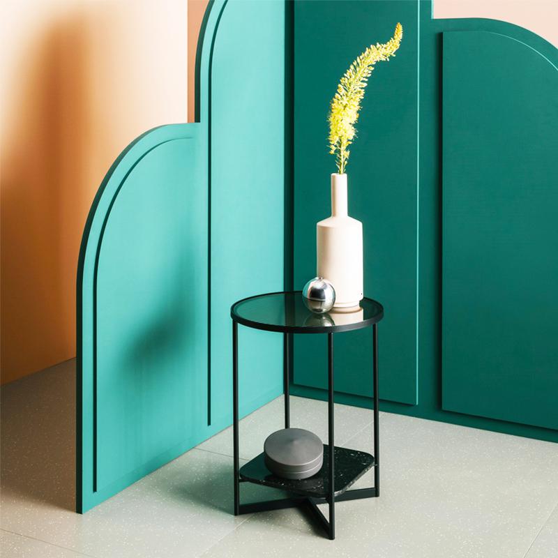 森美人北欧圆形双层角几铁艺大理石床头小圆桌角落茶几轻奢沙发玻璃边几高清大图