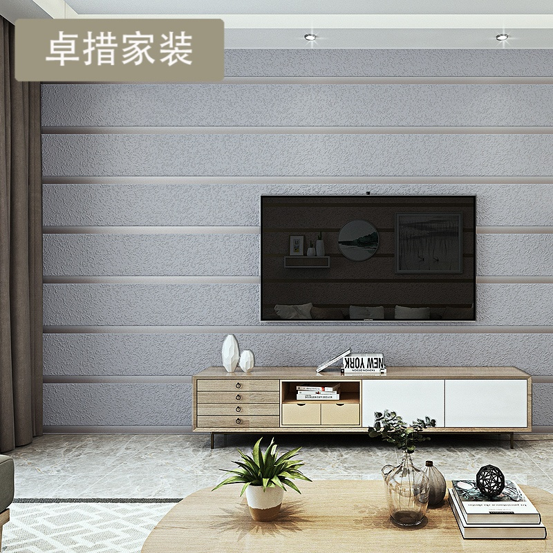 现代简约客厅电视背景墙壁纸 3d加厚鹿皮绒宽条纹无纺布墙纸 卧室壹德壹