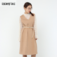 ENJOY’ME女装2019冬季新品清新文艺风系腰带蕾丝打底针织套装长裙