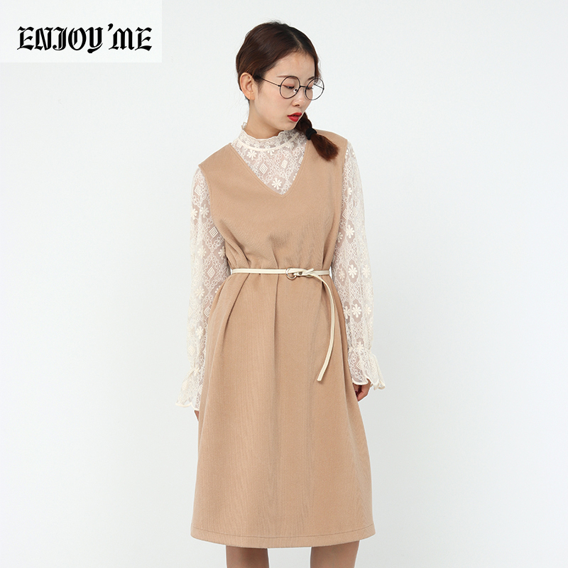ENJOY’ME女装2019冬季新品清新文艺风系腰带蕾丝打底针织套装长裙