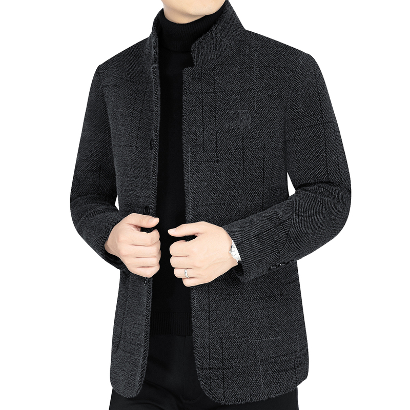 啄木鸟高端毛呢大衣男士秋冬季中年加厚外套休闲短款立领呢子夹士高清大图