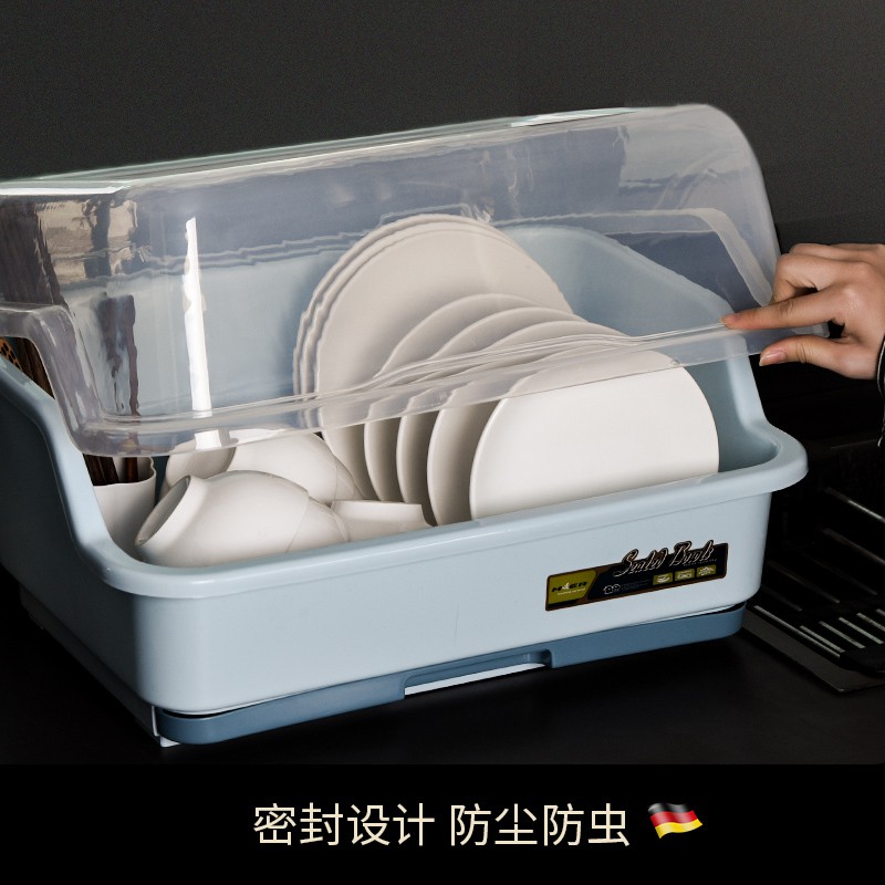 装碗筷收纳盒放碗箱沥水碗架厨房家用带盖碗盆碗碟置物架塑料碗柜收纳层架 三维工匠高清大图
