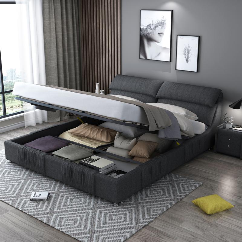 北欧布艺轻奢软包双人床1.8米卧室简约现代小户型可拆洗榻榻米 单床+1个床头柜1800mm*2000mm组装式箱体床