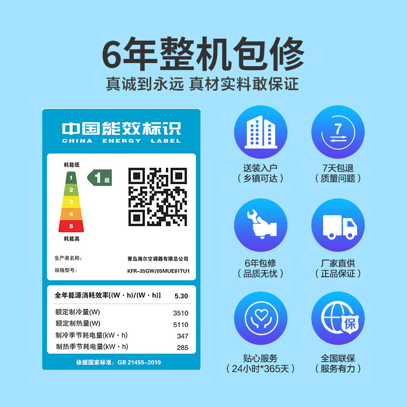 统帅(Leader)空调海尔智家出品 1.5匹新一级旋翼 变频冷暖空调挂机KFR-35GW/05MUE81TU1