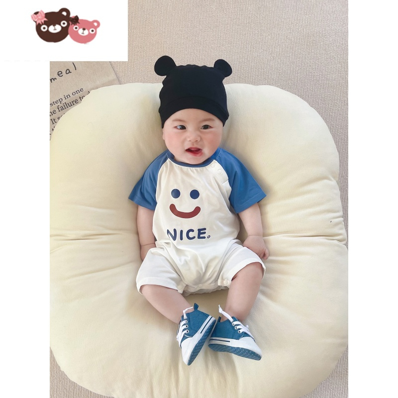 绿彩虹光婴儿夏季网红洋气哈衣男女宝宝短袖薄款连体衣运动笑脸夏装爬爬服