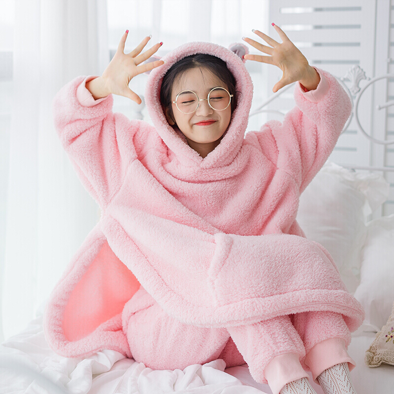 波迷娜bomina冬季睡衣女珊瑚绒卡通风熊耳朵保暖清新学生法兰绒套装