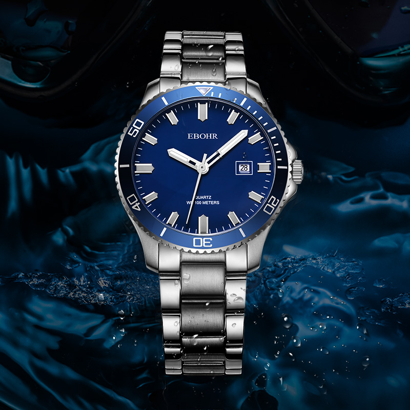 依波表(EBOHR)飞驰运动风100米防水蓝面夜光钢带石英表51490218高清大图