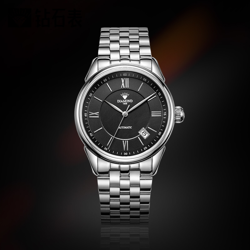 钻石牌（DIAMOND）手表男士自动机械大表盘日历精钢2101-2男士手表黑面白钢带高清大图