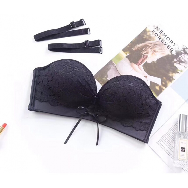 无肩带内衣lb绑聚拢滑蕾丝小胸显大一字领隐形礼服文胸女无钢圈黑色单件70=32ab通用