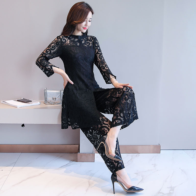 女士夏装新品淑女气质蕾丝连衣裙套装女修身显瘦阔脚裤套裙两件套