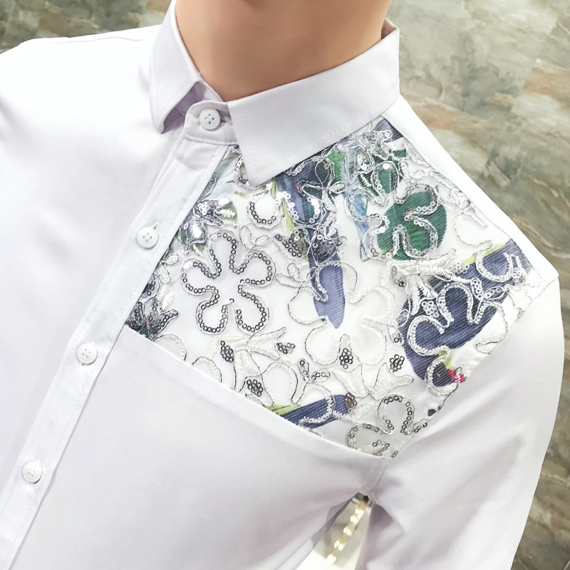 青年男装个性蕾丝七分袖衬衫韩版修身型师帅气短袖衬衫气质夜店
