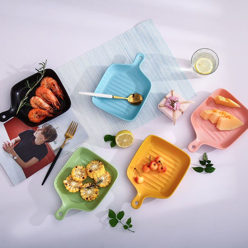 烤盘北欧风餐具陶瓷盘微波炉用创意盘子家用烘焙芝士焗饭烤箱|7寸双耳汤碗-墨绿色(无盖)图片
