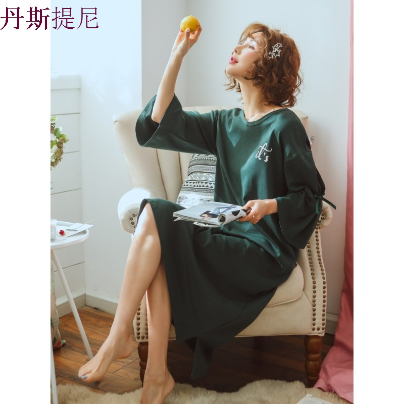 睡裙女秋纯棉韩版大码宽松七分袖长款绿色睡衣女学生家居服可外穿