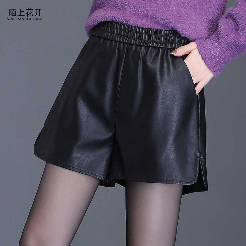 皮短裤女秋冬2021新款宽松韩版高腰a字阔腿裤百搭显瘦皮裤女靴裤