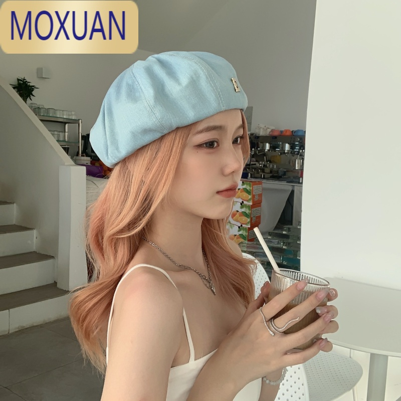 MOXUAN牛仔贝雷帽女小众春夏季舒适显脸小蓓蕾画家帽圆脸水洗做旧帽子女