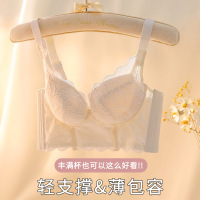 内衣女薄款大胸显小无钢圈收副乳防下垂调整型大码纯欲蕾丝文胸罩