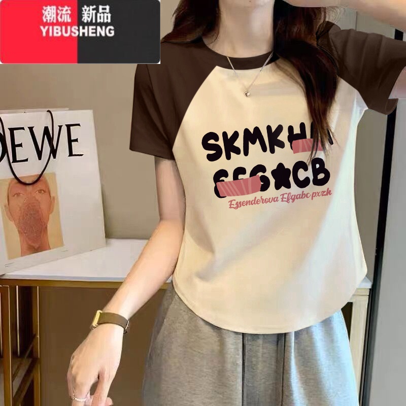 YIBUSHENG时尚插肩短袖t恤女装2024新款修身短款别致上衣设计感小身高清大图