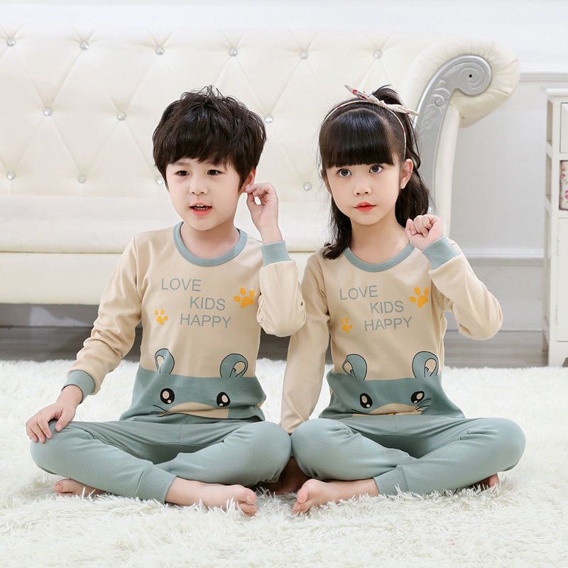 儿童秋衣秋裤套装中大童男孩保暖内衣男童装女童睡衣 淡蓝米猫猫（朝） 110号适合100-110