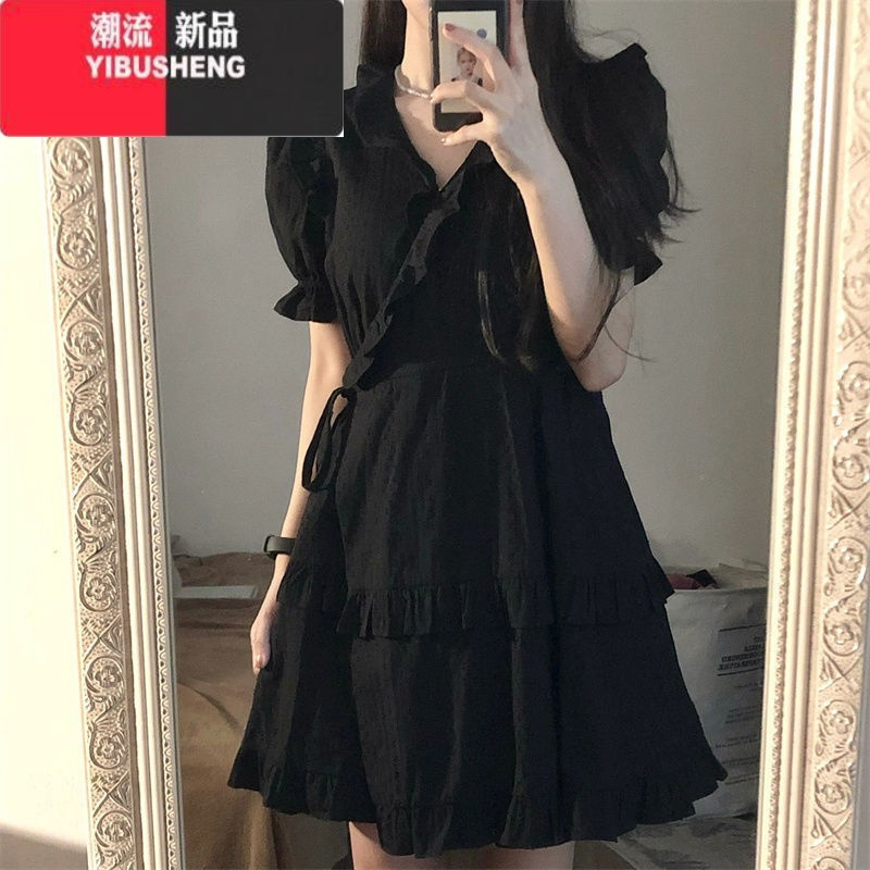 YIBUSHENG法式复古气质小黑裙木耳边V领收腰显瘦连衣裙季a字裙女学生韩版