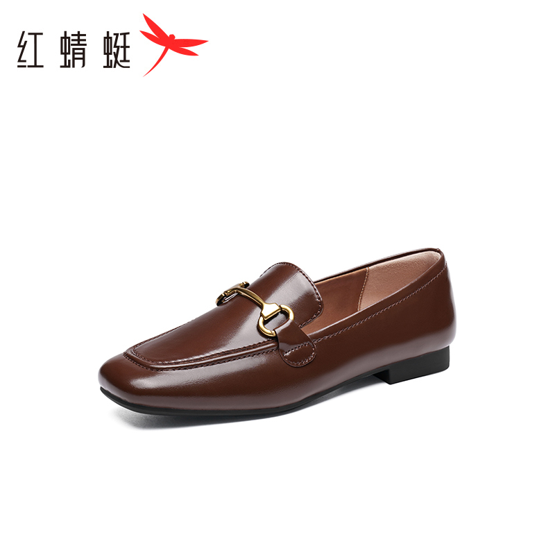 红蜻蜓乐福女鞋春秋百搭2025春秋新款一脚蹬粗跟平底英伦风小皮鞋