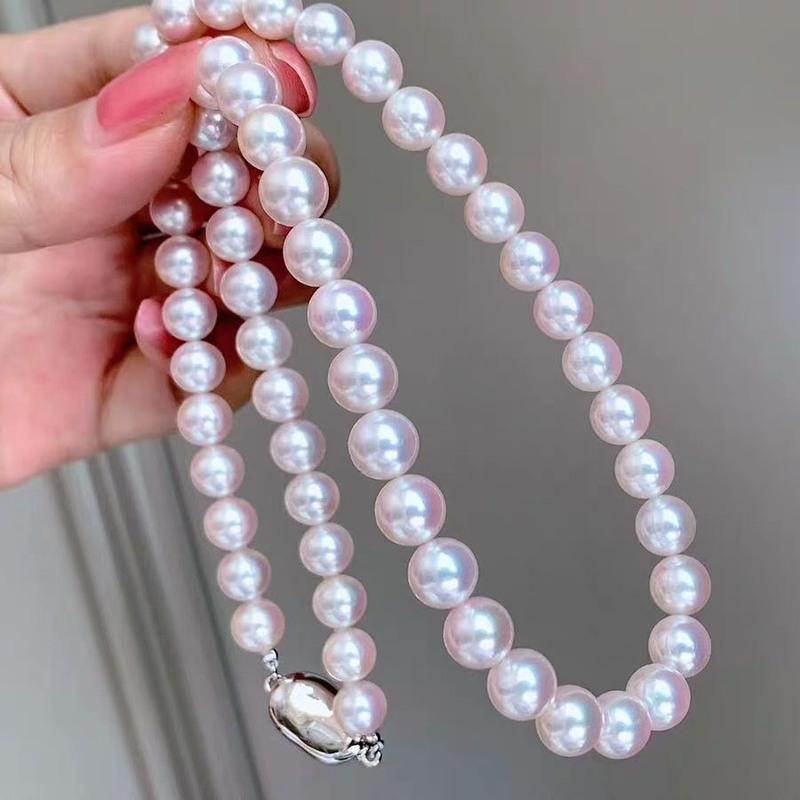 6575mm天然淡水珍珠项链强光近圆白透粉海水akoya送妈妈