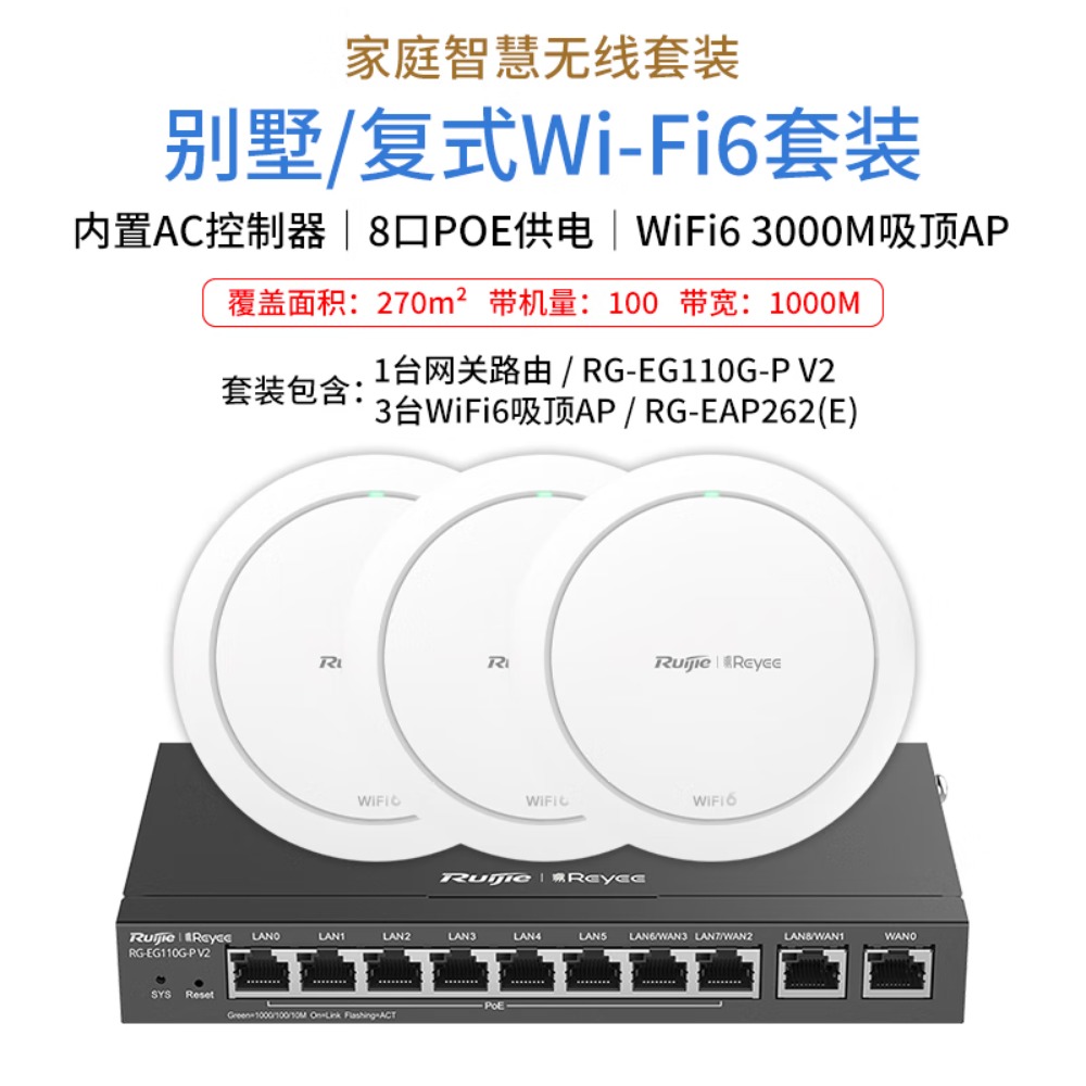锐捷(Ruijie)WiFi6无线AP千兆吸顶套装 1拖3全屋路由器ac+ap组网3000M大户型 RG-EG110G-